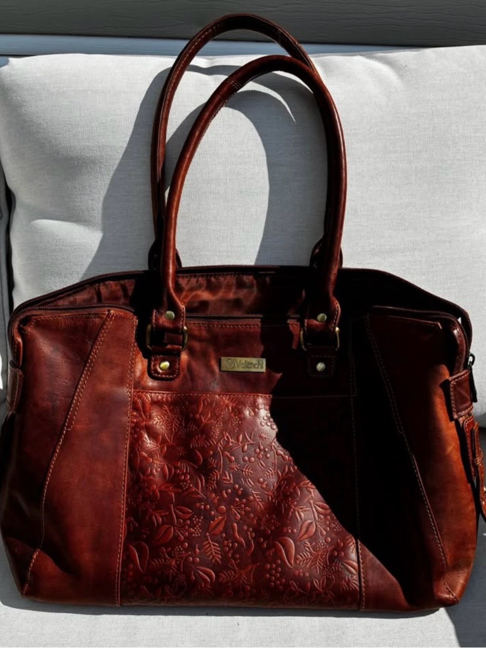Women's Embossed Floral Tote Bag - Deep Brown Leather